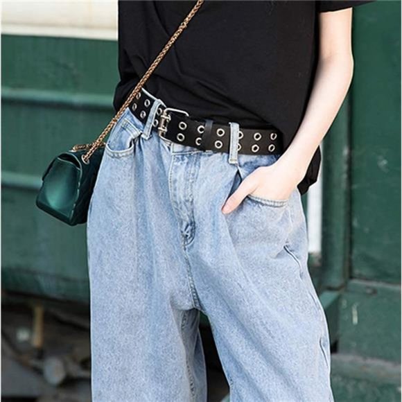 Grommet Leather Belts for Women, Black Belt Women Men with Double Studded Holes main image 6